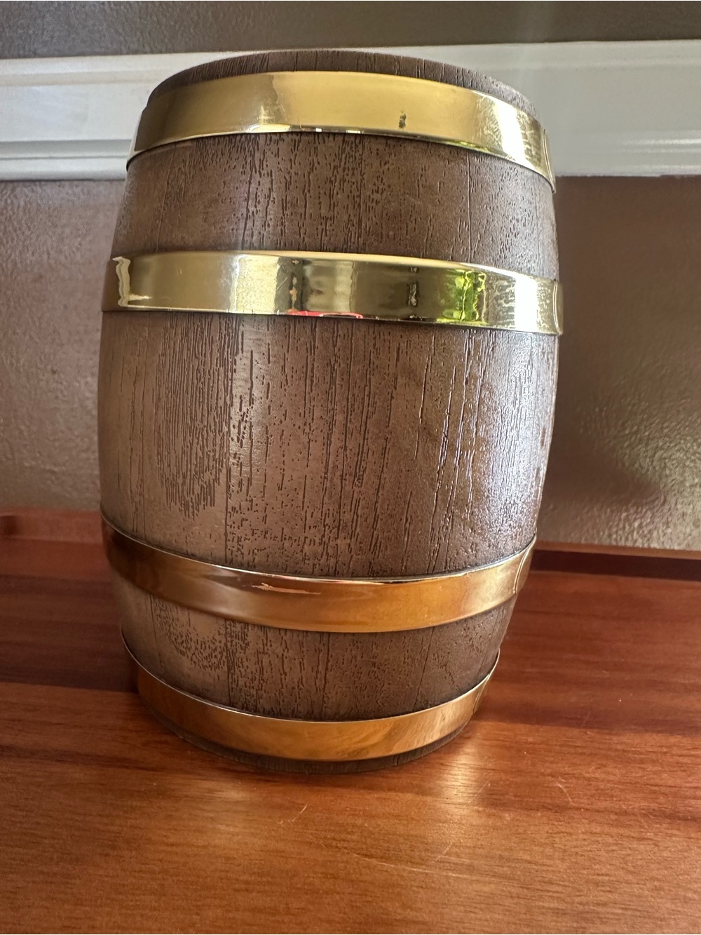 Vintage Barrel Coin Bank with Gold Bands